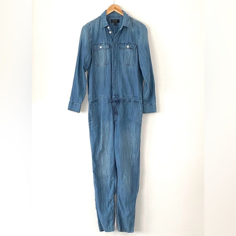 J.Crew Blue Shamble Denim Jumpsuit Drawstring Waist Sz 2 Relaxed Preppy Casual